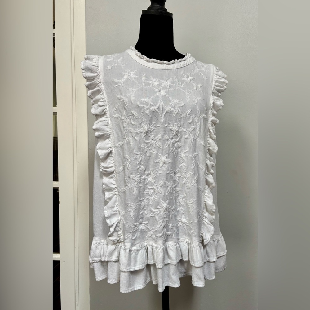 Tommy Hilfiger White Ruffle & Embroidered Sleeveless Top